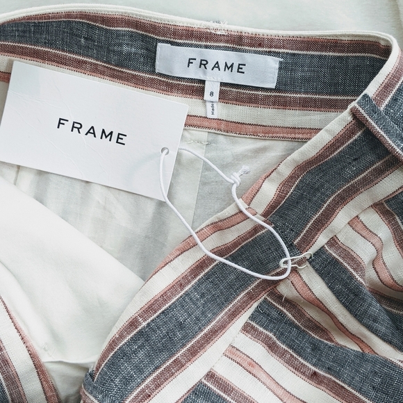 Frame Shorts Linen High Waist Zip Fly Striped Lined Natural Blue Red 8 NWT - Picture 14 of 14